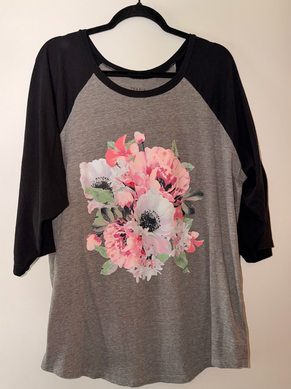 torrid Grey Raglan Tee with Pink Floral Front